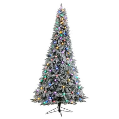 Nearly Natural Home Decorative 9.5' Flocked British Columbia Mountain Fir Artificial Christmas Tree with 150 Multi Color Globe Bulbs and 2297 Bendable Branches. View a larger version of this product image.