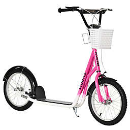 Aosom Youth Scooter, Kick Scooter with Adjustable Handlebars, Double Brakes, 16" Inflatable Rubber Tires, Basket, Cupholder, Mudguard Ages 5-12 years old, Pink