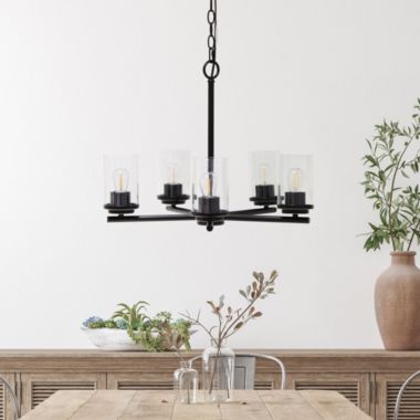 Elegant Designs 20.5" Traditional Vintage Modern Industrial 5-Light Metal And Clear Glass Kitchen Island Hanging Ceiling Pendant , Restoration Bronze. View a larger version of this product image.