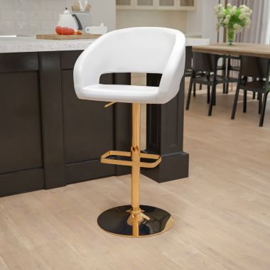 Flash Furniture Erik Contemporary White Vinyl Adjustable Height Barstool with Rounded Mid-Back and Gold Base. View a larger version of this product image.