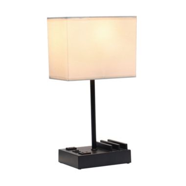 Simple Designs 15.3" Tall Modern Rectangular Multi-Use 1 Light Bedside Table Desk Lamp with 2 USB Ports and Charging Outlet with White Fabric Shade - Black. View a larger version of this product image.