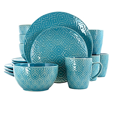 Elama Aqua Lily 16 Piece Luxurious Stoneware Dinnerware with Complete Setting for 4. View a larger version of this product image.