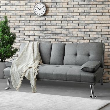 Costway Convertible Folding Futon Sofa Bed Fabric with 2 Cup Holders-Light Gray. View a larger version of this product image.