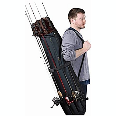 KOVOT Fishing Rod Carrier & Organizer, Black/Brown 48" L Fishing Pole Case with Inside/Outside Storage & Shoulder Strap. View a larger version of this product image.
