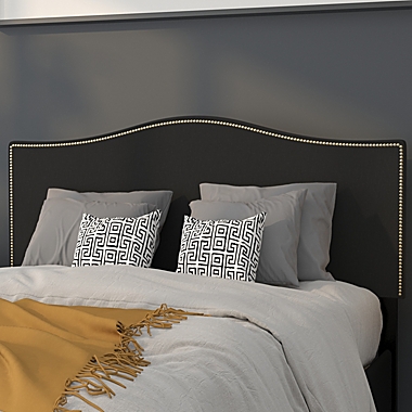 Emma + Oliver Upholstered Full Size Headboard with Nailtrim in Black Fabric. View a larger version of this product image.