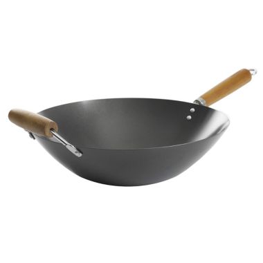 Kenmore Hammond 14 Inch Flat Bottom Carbon Steel Wok in Black with Wooden Handles. View a larger version of this product image.