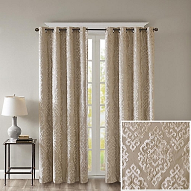 JLA Home SunSmart Mirage 100% Total Blackout Single Window Curtain, Knitted Jacquard Damask Room Darkening Curtain Panel with Grommet Top, Champagne, 50x95". View a larger version of this product image.
