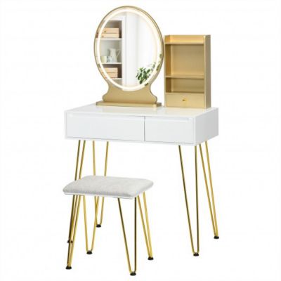 Costway Vanity Table Set with Lighted Mirror and Cushion Stool-White