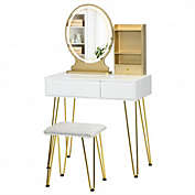 Costway Vanity Table Set with Lighted Mirror and Cushion Stool-White