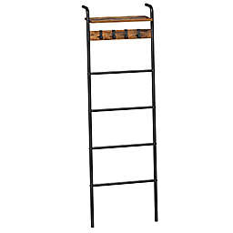 VASAGLE Blanket Ladder Shelf, Blanket Holder Rack for Living Room, Decorative Ladder with Removable Hooks, Top Storage Shelf, Metal Frame, Rustic Brown and Black