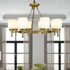 Alternate image 3 for Canyon Home Antora Vintage Gold Wagon Wheel Light Fixture with Semi White Glass Shades, 8 Bulb, Elegant Overhead Lighting and Home Decor, Entryway, Dining Room, and Foyer