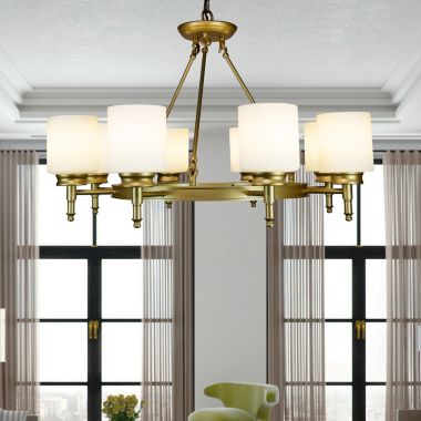 Canyon Home Antora Vintage Gold Wagon Wheel Light Fixture with Semi White Glass Shades, 8 Bulb, Elegant Overhead Lighting and Home Decor, Entryway, Dining Room, and Foyer. View a larger version of this product image.