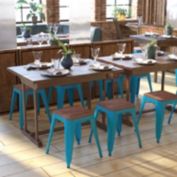 Flash Furniture Kai 18" Backless Table Height Stool with Wooden Seat, Stackable Teal Metal Indoor Dining Stool, Commercial Grade - Set of 4