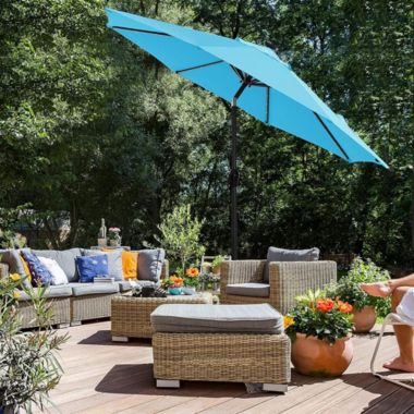 SONGMICS 9 ft Solar Patio Umbrella, Lighted Outdoor Umbrella, 32 LED Lights, with Tilt and Crank Mechanism, for Outdoor Garden Balcony Patio Backyard Market, Without Base, Lake Blue. View a larger version of this product image.