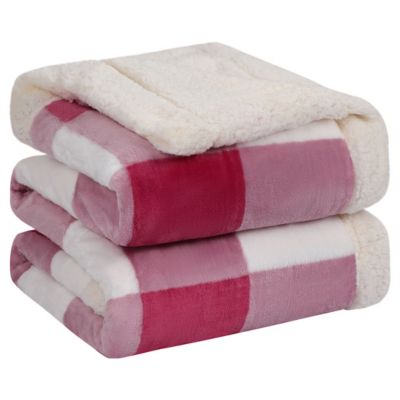 PiccoCasa Plaid Sherpa Blanket Twin Size Buffalo Checker Flannel Blankets and Soft Warm Reversible Fuzzy Microfiber Fleece Rectangle Blanket for Bed Couch Sofa, Blush+White, 60x80 Inch