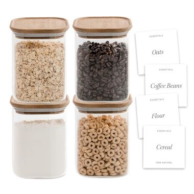 Bloom & Breeze Airtight Food Storage Containers , Stackable with Labels, Glass Storage Containers With Acacia Wood Lids, Cereal and Pasta Containers For Pantry & Kitchen 4-Piece Set 32oz. View a larger version of this product image.