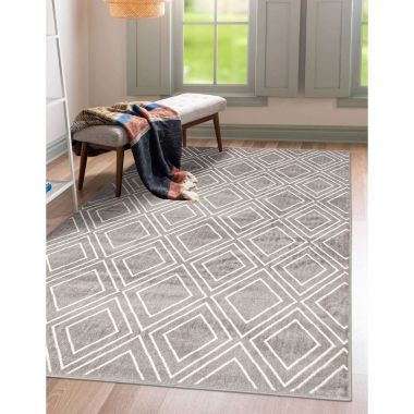 Chaudhary Living 7.75' x 10' Gray and White Geometric Rectangular Area Throw Rug. View a larger version of this product image.