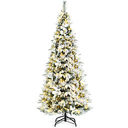 Gymax 5/6/7/8 FT Pre-Lit Artificial Snow-Flocked Christmas Tree Hinged Pencil Xmas Tree
