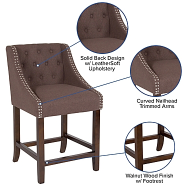 Merrick Lane Hadleigh Upholstered Counter Stool 24" High Transitional Tufted Walnut Counter Stool with Accent Nail Trim in Brown Fabric. View a larger version of this product image.