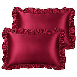 PiccoCasa Set of 2 Satin Ruffle Envelope Pillowcases, 100% Polyester (Satin Fabric) illow Cover Pillow Shams Pillow Protector with Envelope Closure, Burgundy Queen