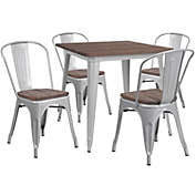 Emma + Oliver 31.5" Square Silver Metal/Wood Table Set - 4 Stack Chairs