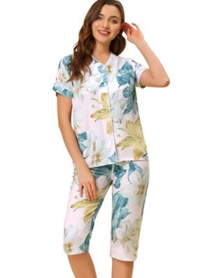Allegra K Women&#39;s Floral V-Neck 2Pc Button Front Elegant Lounge Pajamas Set White M