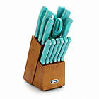 Alternate image 0 for Oster Evansville 14 Piece Stainless Steel Blade Cutlery Set with Turquoise Plastic Handles