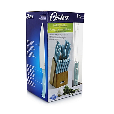 Oster Evansville 14 Piece Stainless Steel Blade Cutlery Set with Turquoise Plastic Handles. View a larger version of this product image.