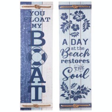 Urban Trends Collection Wood Rectangle Wall Decor with "Beach Theme Saying" and Knotted Rope Banded Design Assortment of Two Painted Finish Blue. View a larger version of this product image.
