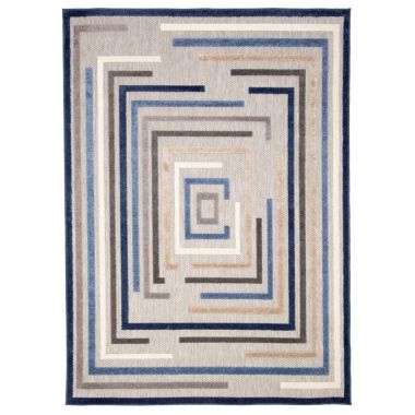 Chaudhary Living 4' x 5.5' Blue and Gray Geometric Abstract Rectangular Outdoor Area Throw Rug. View a larger version of this product image.