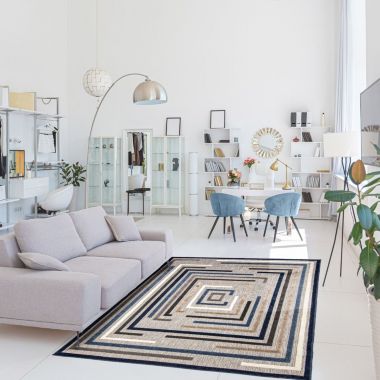 Chaudhary Living 4' x 5.5' Blue and Gray Geometric Abstract Rectangular Outdoor Area Throw Rug. View a larger version of this product image.