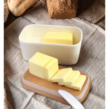 White Ceramic Butter Dish with Wooden Lid. View a larger version of this product image.