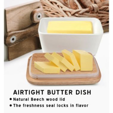 White Ceramic Butter Dish with Wooden Lid. View a larger version of this product image.