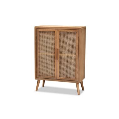 Baxton Studio Alina Mid-Century Modern Medium Oak Finished Wood and Rattan 2-Door Accent Storage Cabinet. View a larger version of this product image.