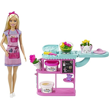 Barbie Florist Playset with Doll, Flower-Making Station, Dough, Mold, Vases & Teddy Bear. View a larger version of this product image.