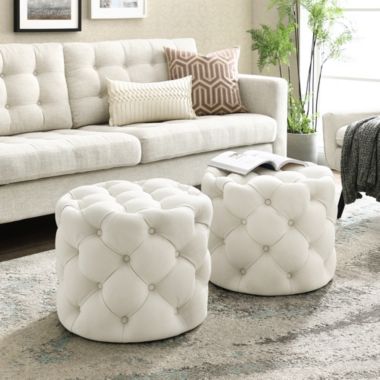 Inspired Home Marianna Tufted Allover Upholstered Round Ottoman. View a larger version of this product image.