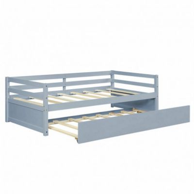 Costway Twin Size Trundle Platform Bed Frame with  Wooden Slat Support-Gray