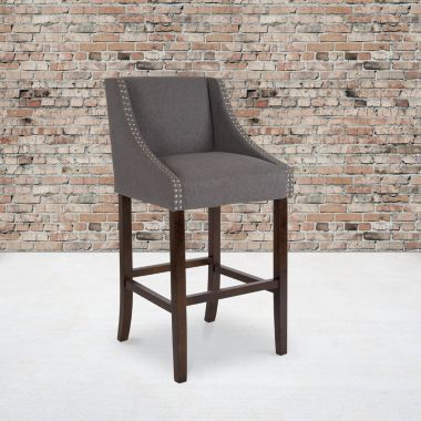Flash Furniture Carmel Series 30" High Transitional Walnut Barstool with Accent Nail Trim in Dark Gray Fabric. View a larger version of this product image.