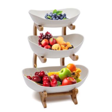Kitcheniva 3-Tier Ceramic Fruit Candy Trays Bamboo Basket, White. View a larger version of this product image.