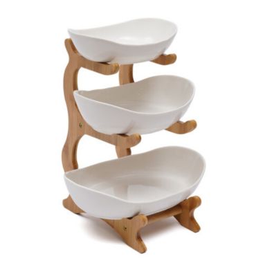 Kitcheniva 3-Tier Ceramic Fruit Candy Trays Bamboo Basket, White. View a larger version of this product image.