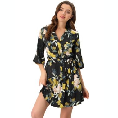 cheibear Women's Bathrobe Satin Floral Pajama Nightwear Tie Waist 3/4 Sleeves Lightweight Soft Casual Lounge Sleepwear Robes X-Large Black. View a larger version of this product image.