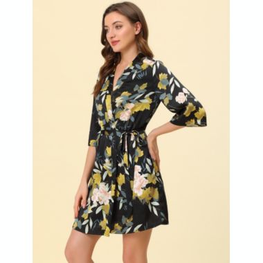 cheibear Women's Bathrobe Satin Floral Pajama Nightwear Tie Waist 3/4 Sleeves Lightweight Soft Casual Lounge Sleepwear Robes X-Large Black. View a larger version of this product image.