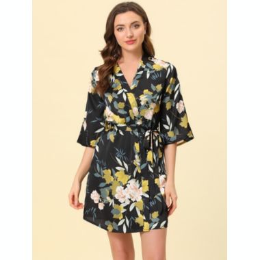 cheibear Women's Bathrobe Satin Floral Pajama Nightwear Tie Waist 3/4 Sleeves Lightweight Soft Casual Lounge Sleepwear Robes X-Large Black. View a larger version of this product image.