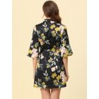 Alternate image 3 for cheibear Women's Bathrobe Satin Floral Pajama Nightwear Tie Waist 3/4 Sleeves Lightweight Soft Casual Lounge Sleepwear Robes X-Large Black