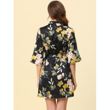cheibear Women's Bathrobe Satin Floral Pajama Nightwear Tie Waist 3/4 Sleeves Lightweight Soft Casual Lounge Sleepwear Robes X-Large Black. View a larger version of this product image.