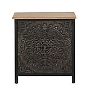LuxenHöme Black and Gold Wood Carved Floral Three-Drawer Chest