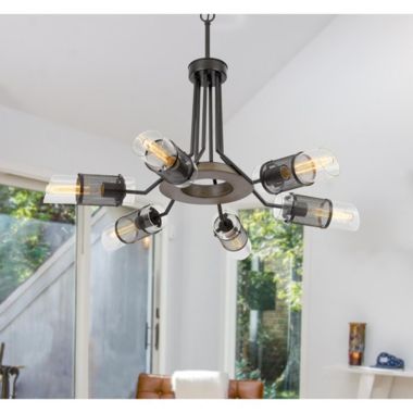 Cal Lighting 60W X 6 Savona Pine Wood/Metal Chandelier With Double Layer Glass/Metal Mesh Shade. (Edison Bulbs Not Included), Wood/Black. View a larger version of this product image.