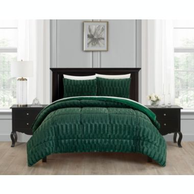 Chic Home Pacifica Comforter Set Textured Geometric Pattern Faux Rabbit Fur Micro-Mink Backing Bedding - Pillow Shams Included - 3 Piece - Queen 90x92", Green. View a larger version of this product image.