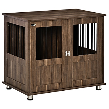 PawHut Stylish Dog Kennel, Wooden End Table Furniture with Cushion & Lockable Magnetic Doors, Small Size Pet Crate Indoor Animal Cage, Brown. View a larger version of this product image.