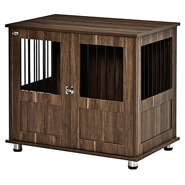 PawHut Stylish Dog Kennel, Wooden End Table Furniture with Cushion & Lockable Magnetic Doors, Small Size Pet Crate Indoor Animal Cage, Brown. View a larger version of this product image.